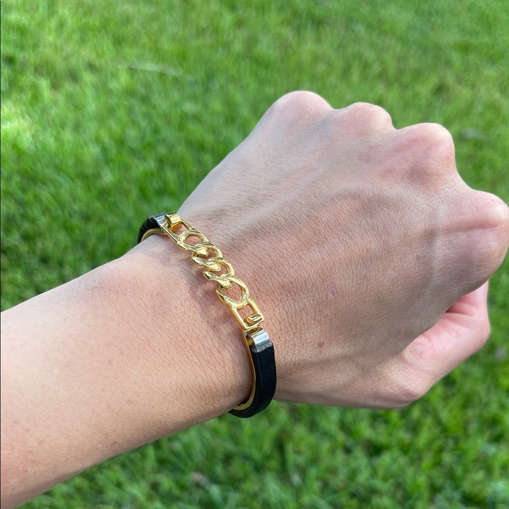 Black Leather & Gold Chain Detail Bangle